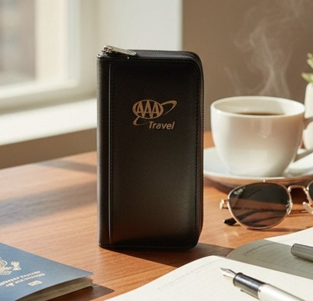 AAA Black Faux Leather Large Travel Wallet Organizer 9.5" x 5" Passport Holder